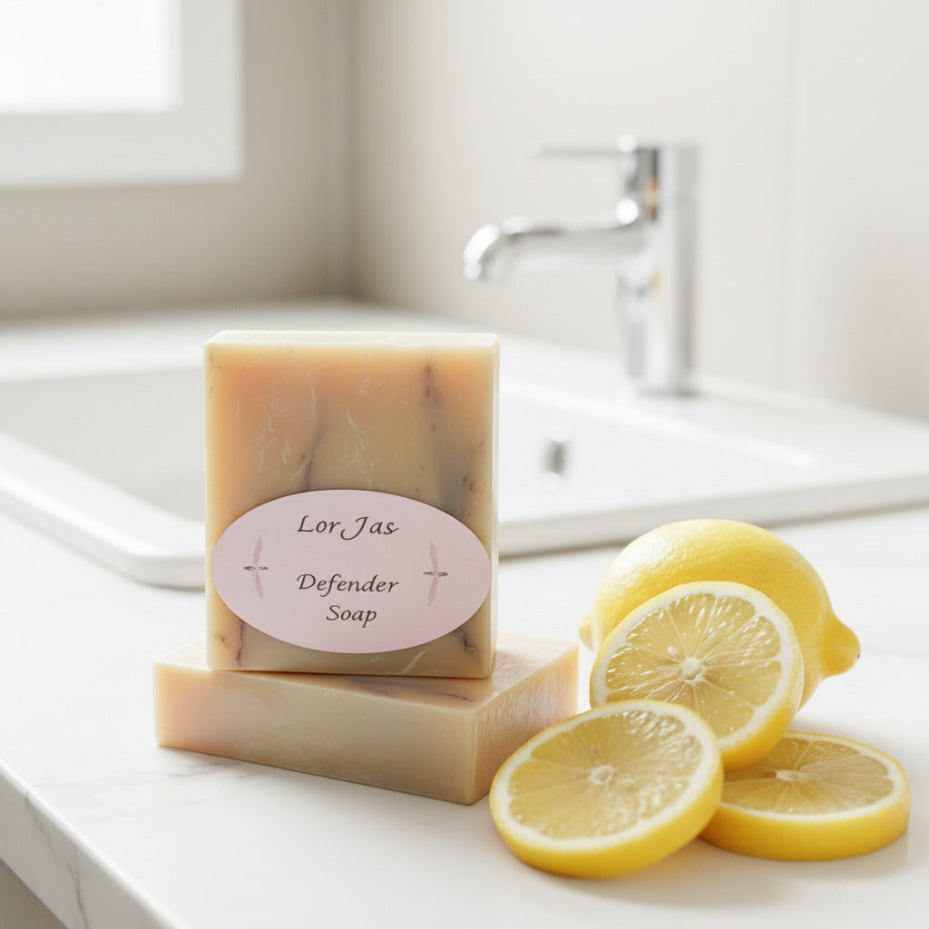 LorJas Handmade Defender lightly scented Castile soap beside fresh lemon slices on a granite counter with a blurred handwashing sink in the background.