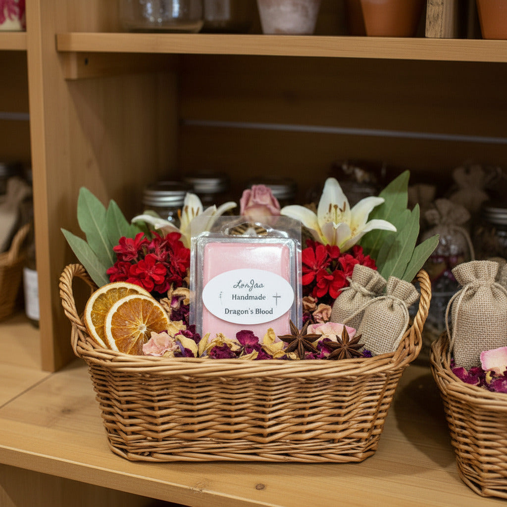 LorJas Handmade Dragon's Blood lightly scented soy wax melt in a basket of dried citrus, spices, and fresh flowers on a wooden shelf in a mercantile.