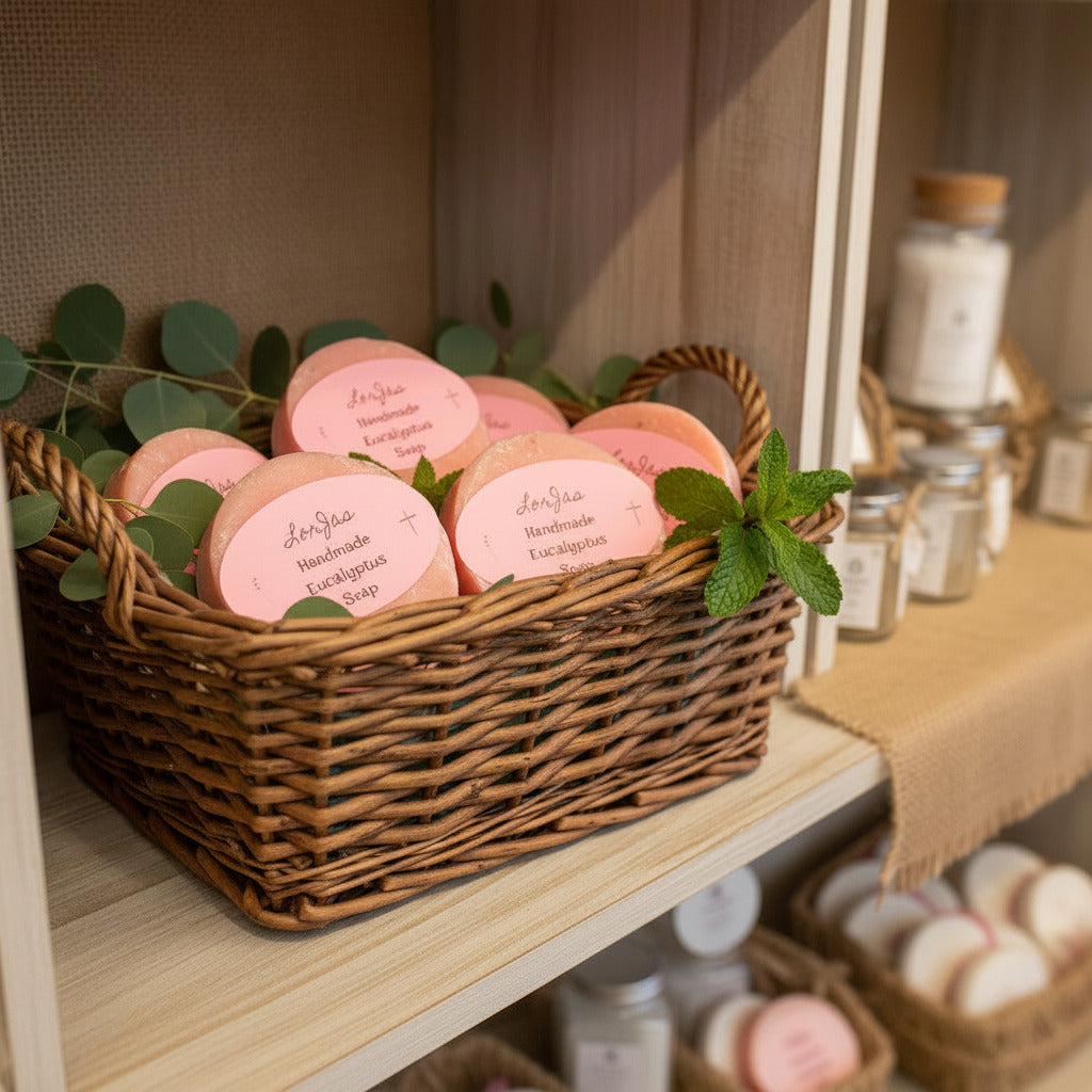 LorJas Handmade Eucalyptus & Mint lightly scented goat milk soap in a wicker basker with fresh eucalyptus and mint on a mercantile display shelf with blurred items in the background.