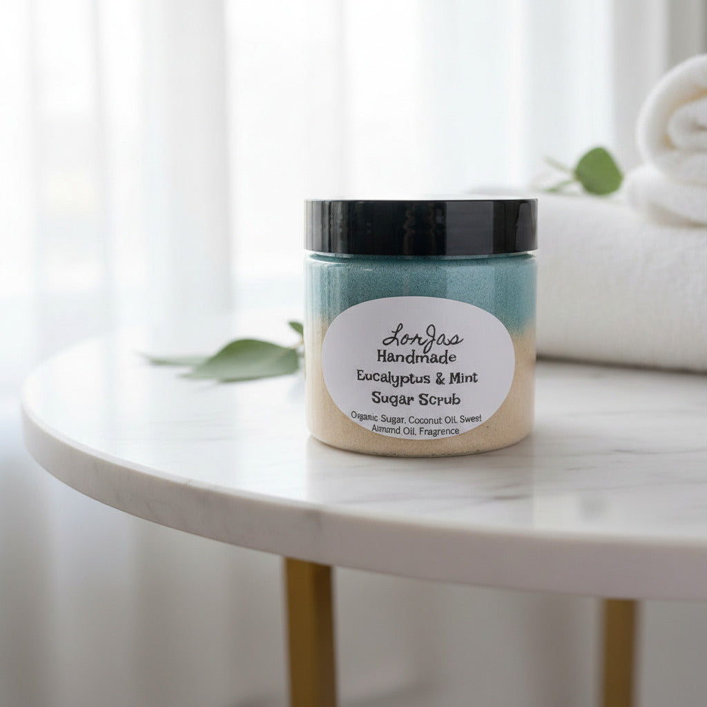 LorJas Handmade lightly scented Eucalyptus & Mint sugar scrub on a marble table with rolled towels by a draped window letting natural light flow through in a spa setting.