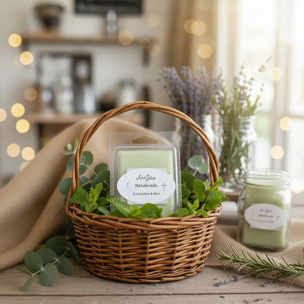 Green LorJas Handmade Eucalyptus & Mint wax melt in a wicker basket with fresh eucalyptus and mint on wooden surface with country-themed backdrop.