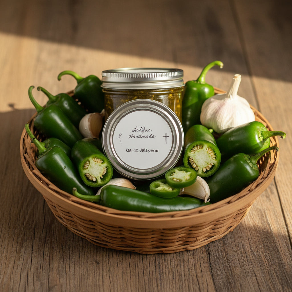 LorJas Handmade Garlic Jalapeno pepper jelly in basket of fresh jalapeño peppers and garlic cloves on woodgrain outdoor table in natural lighting.