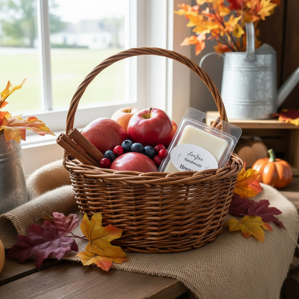 LorJas Handmade Harvest lightly scented soy wax melt in a wicker basket with apples, mixed berries, and cinnamon on a window shelf with autumn decorations.