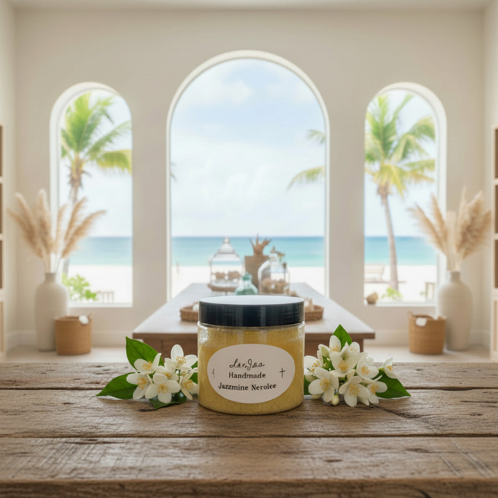 LorJas Handmade Jazzmine Nerolee (TM) lightly scented foamy whipped sugar scrub by fresh jasmine on a wooden surface with a tropic spa background.