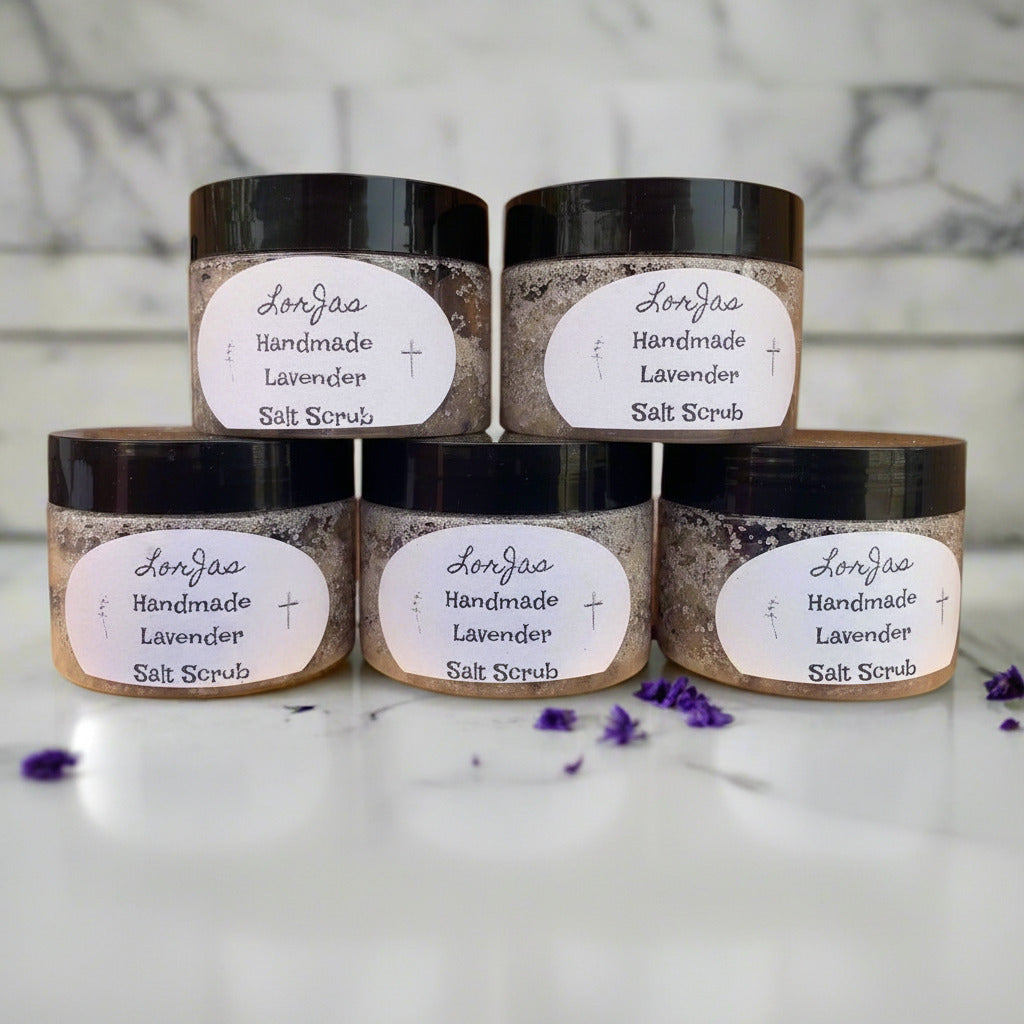 LorJas Handmade Lavender lightly scented salt scrub on marble counter with blurred background in natural light.