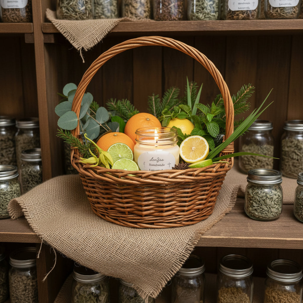 Pleasantly lit LorJas Handmade Limoncello lightly scented soy candle in a wicker basket with fresh fruits, herbs, and spices on a shelf displayed with burlap and several jars of dried spices.