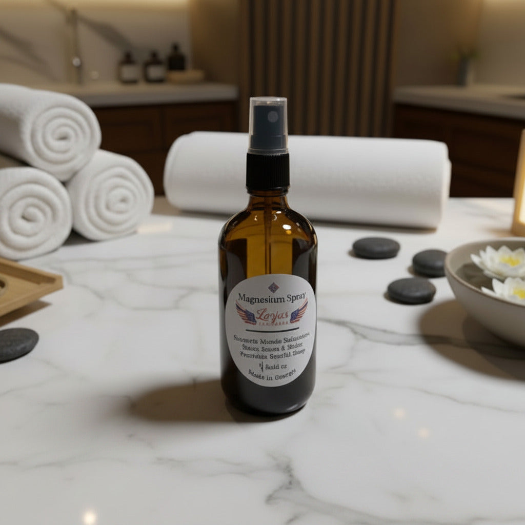 LorJas Handmade Magnesium Spray in glass spray bottle on a granite countertop in a spa setting.