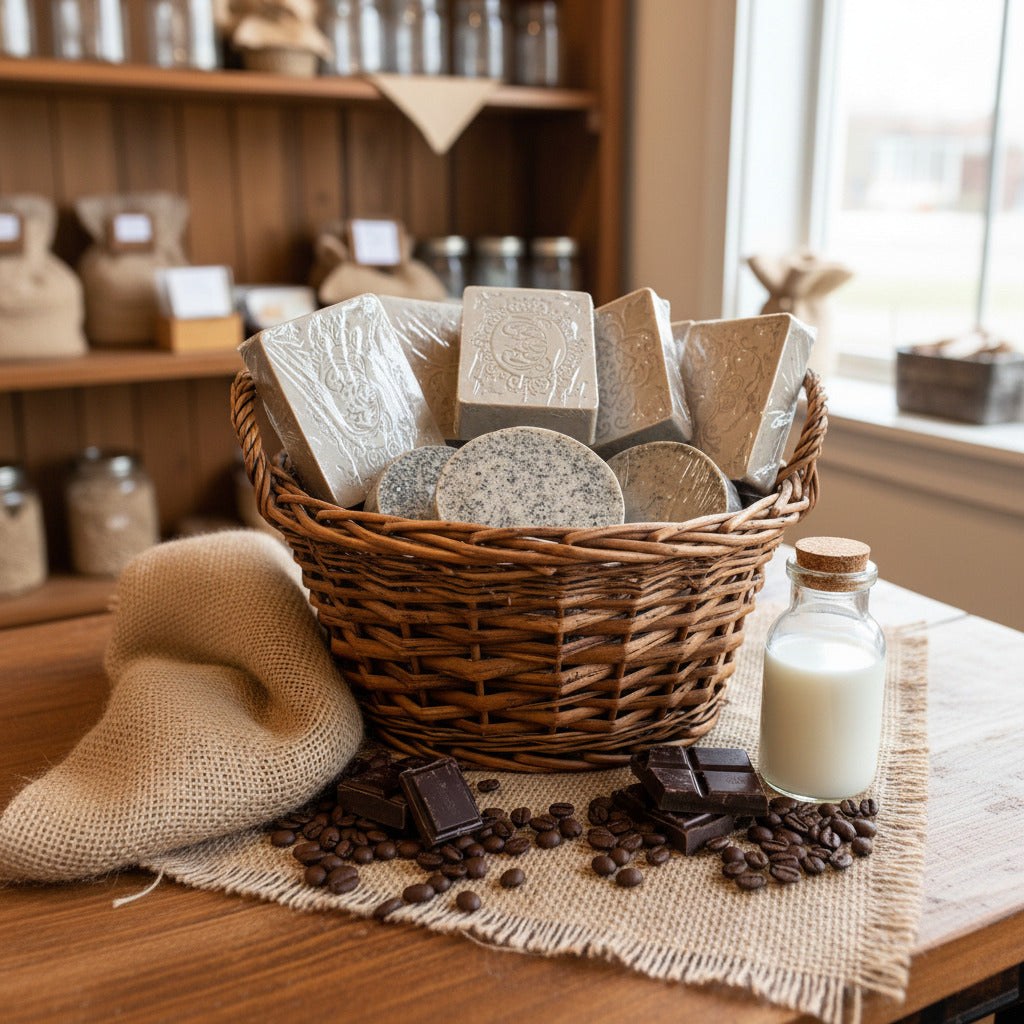 Several bars of LorJas Handmade mocha lightly scented goat milk soap in a wicker basket beside fresh coffee beans, chocolate, and a corked bottle of goat milk on a burlap-covered table with a blurred display shelf in the background and natural light flooding in through a window.