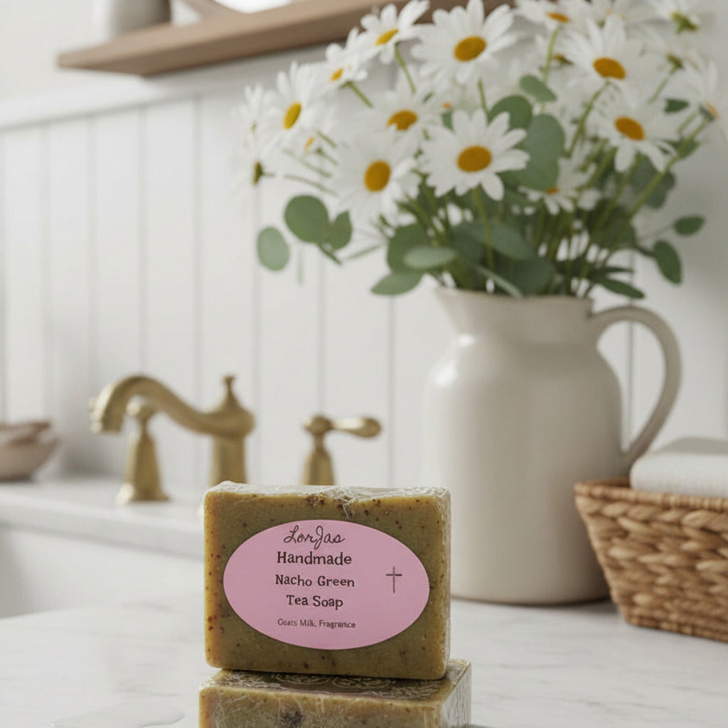 Stack of LorJas Handmade Nacho Green Tea lightly scented goat milk soap on marble counter with a vase of daisies and a handwashing sink in bathroom setting.