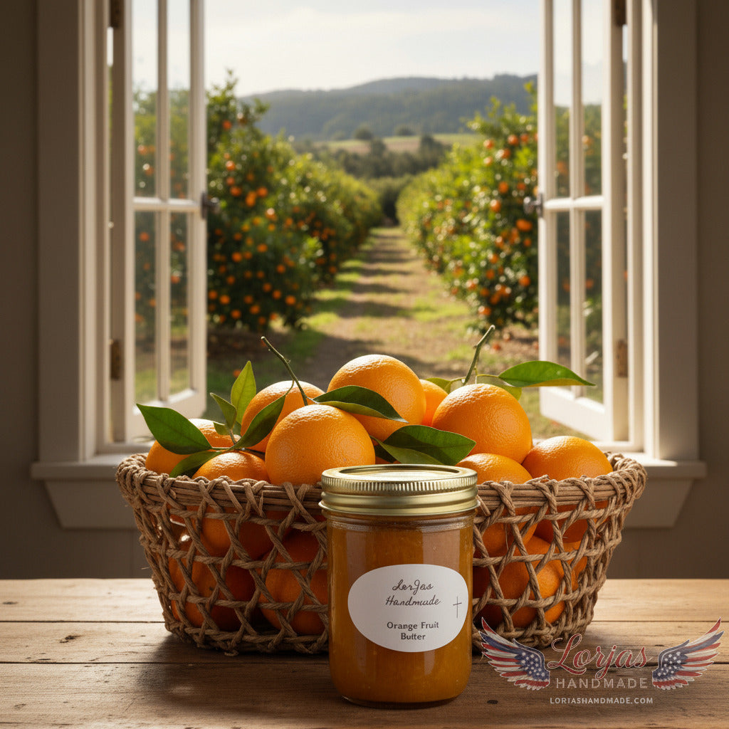 LorJas Handmade Orange 100% organic whole fruit butter on a wooden counter with a basket of fresh oranges and an orange orchard viewable through an open window