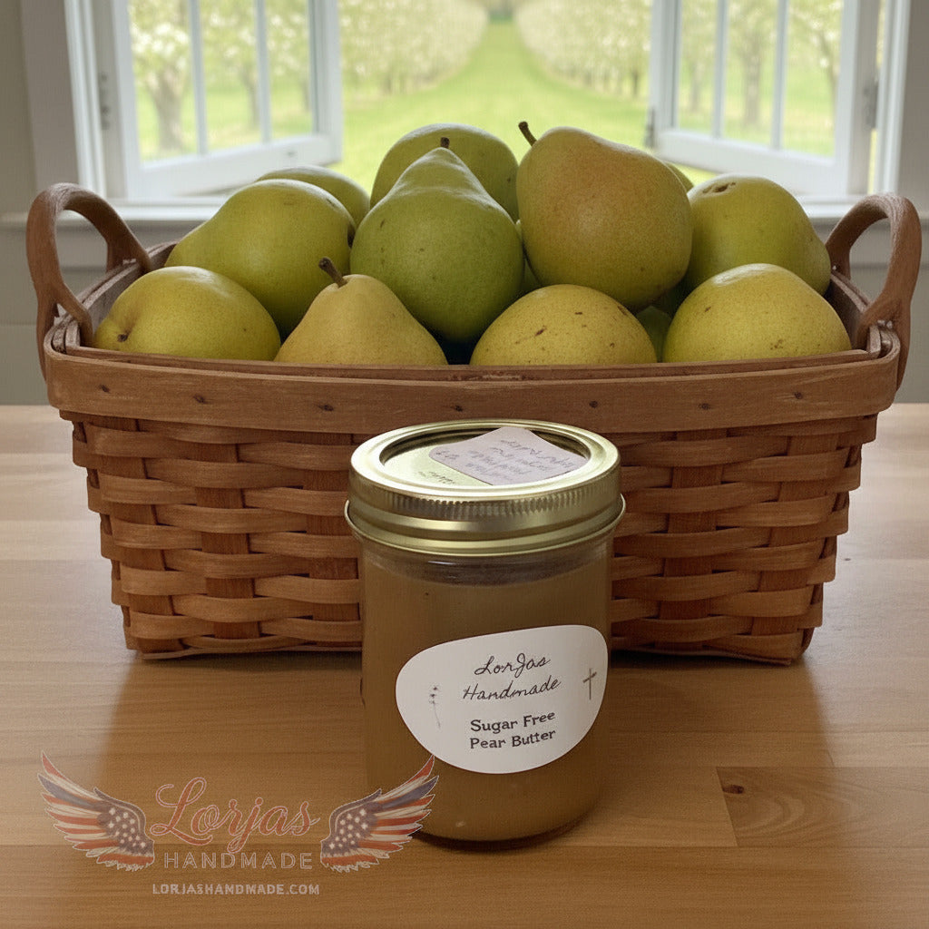 LorJas Handmade Sugar-Free Pear 100% organic whole fruit butter made with Stevia on a counter with a basket of fresh pears and a pear orchard viewable through an open window.