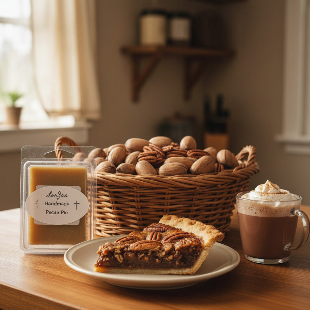 LorJas Handmade Pecan Pie lightly scented organic soy wax melt beside a basket of pecans, a slice of plated pecan pie, and a hot latte in a clear glass mug on a wooden table with a light breeze blowing through a window in the background.