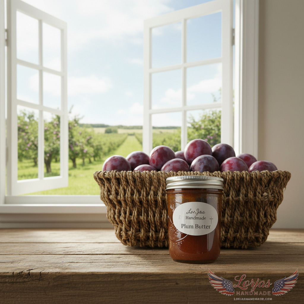 LorJas Handmade Plum 100% organic whole fruit butter on a wooden counter with a basket of fresh plums and a plum orchard viewable through an open window