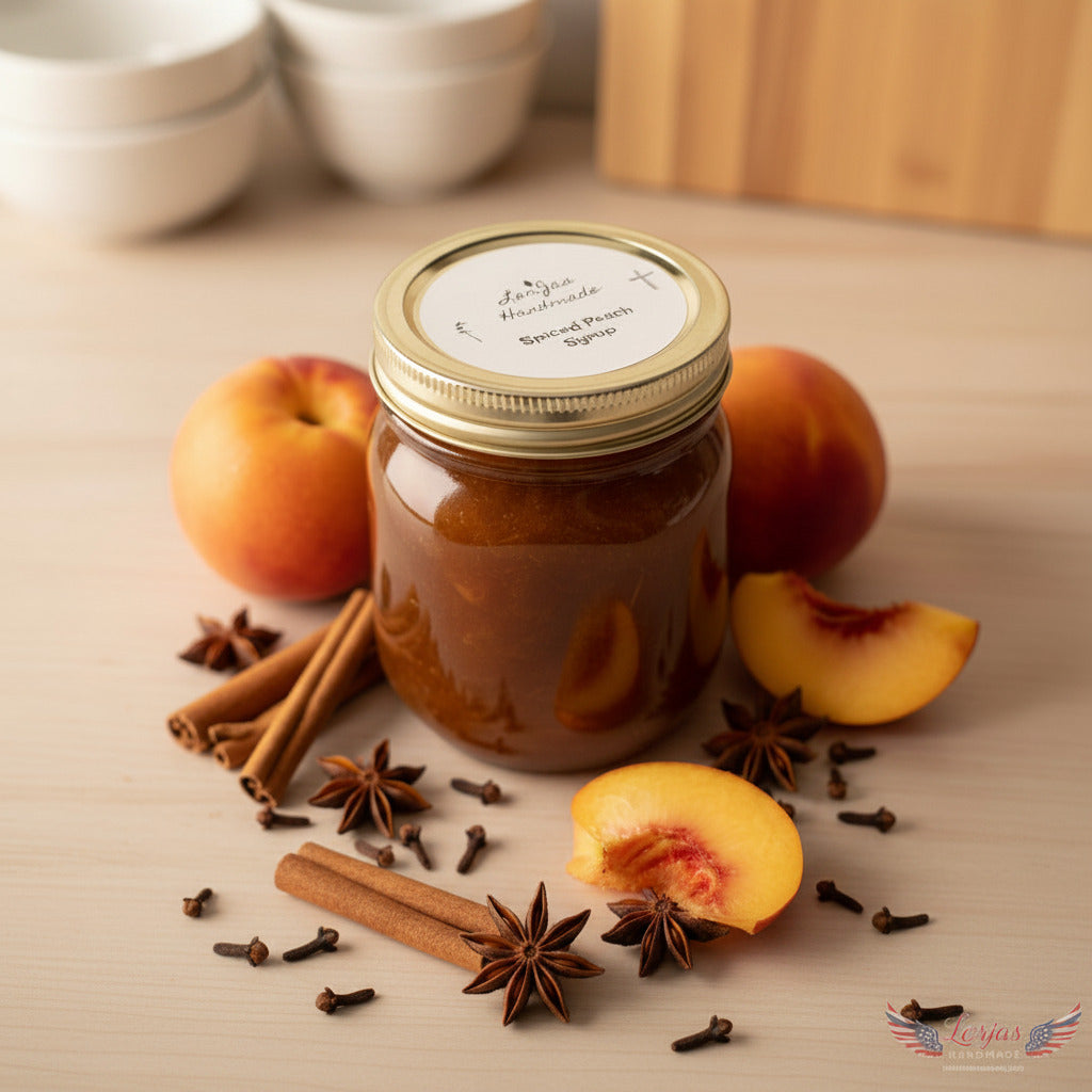 LorJas Handmade Spiced Peach Syrup on a wooden counter beside fresh peaches and spices.