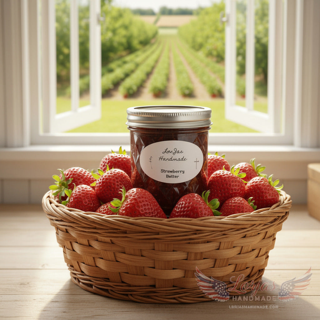 LorJas Handmade Strawberry 100% organic whole fruit butter in a wicker basket of fresh strawberries on a countertop with an orchard and strawberry patch viewable through an open window.