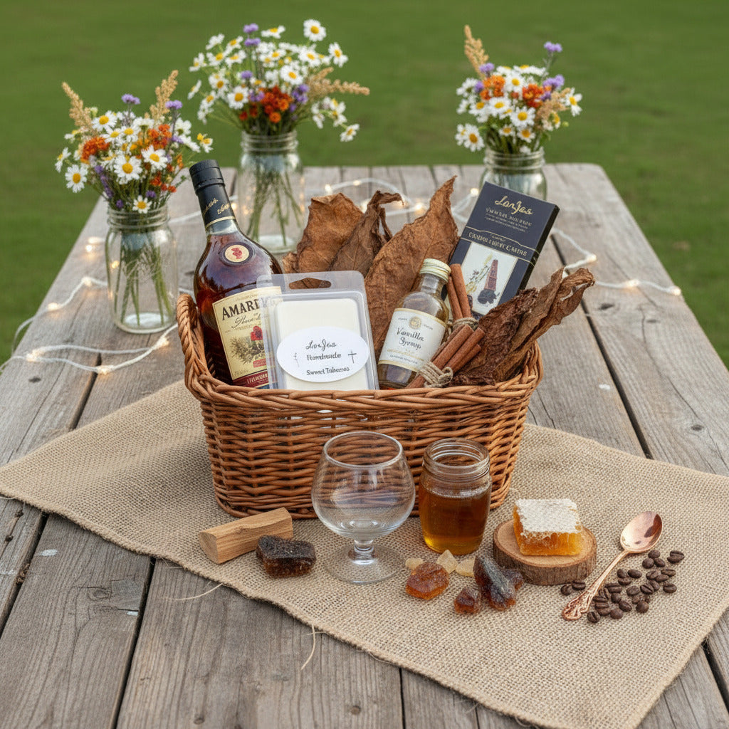 Lor'Jas Handmade Sweet Tobacco lightly scented soy melt in a basket with Amaretto, dried leaves, herbs, spices, fruit, and a Glencairn glass on a wooden table with flowers in the background.