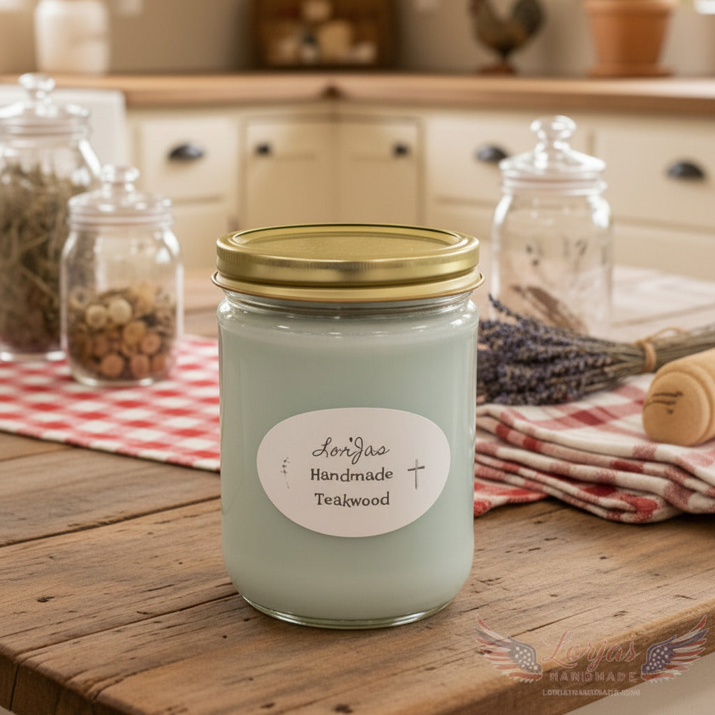 LorJas Handmade Teakwood lightly scented soy candle on a wooden tabletop in a kitchen setting.