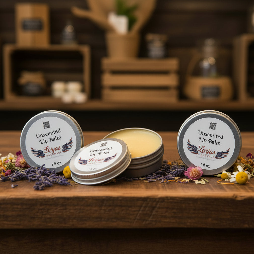Three LorJas Handmade unscented lip balms in metal tins with screw-on tops and one lid removed to show product sitting on a rustic wooden counter with spices and wildflower clippings in a country mercantile.