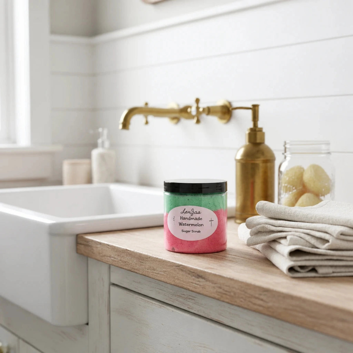 A jar of LorJas Handmade Watermelon scented sugar scrub sits on a rustic wooden kitchen counter next to a brass faucet, soap dispenser, folded towels and a mason jar of soap bars.