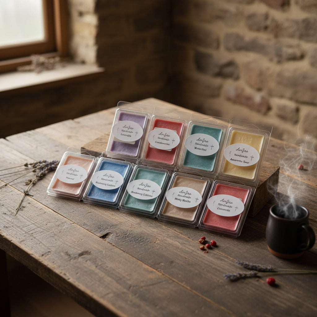 LorJas Handmade lightly scented soy wax melts in a varieties of scents and colors in branded clear packaging on rustic wood table in cozy brick house background.