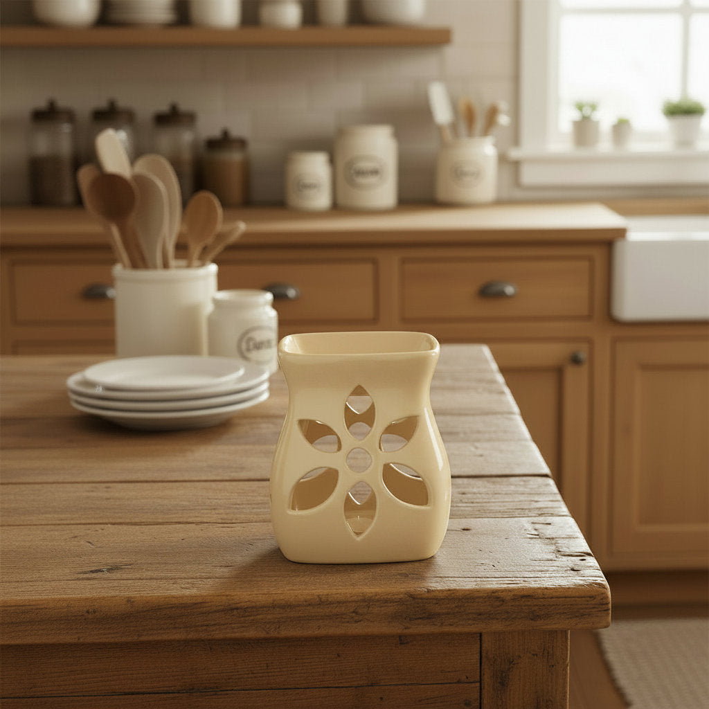 LorJas Handmade beige ceramic wax warmer with flower pattern on a wooden counter in a kitchen setting.