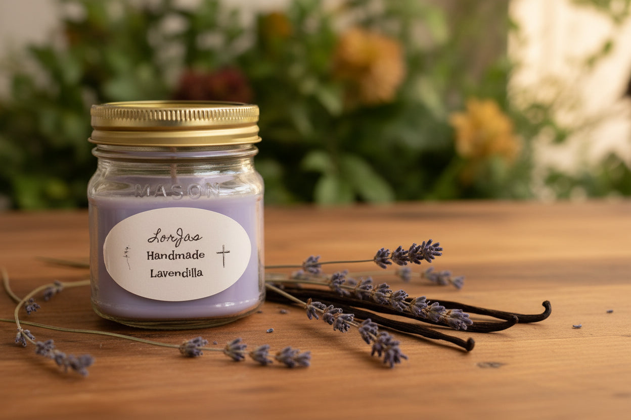 A lavender and vanilla scented soy candle wax in a 8 ounce glass mason jar with a gold lid on a wood surface surrounded by lavender flowers and vanilla pods.