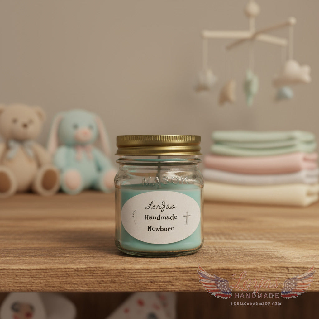 Organic soy scented candle labeled 'LorJas Handmade Newborn' on wooden shelf with infant nursery items in background.