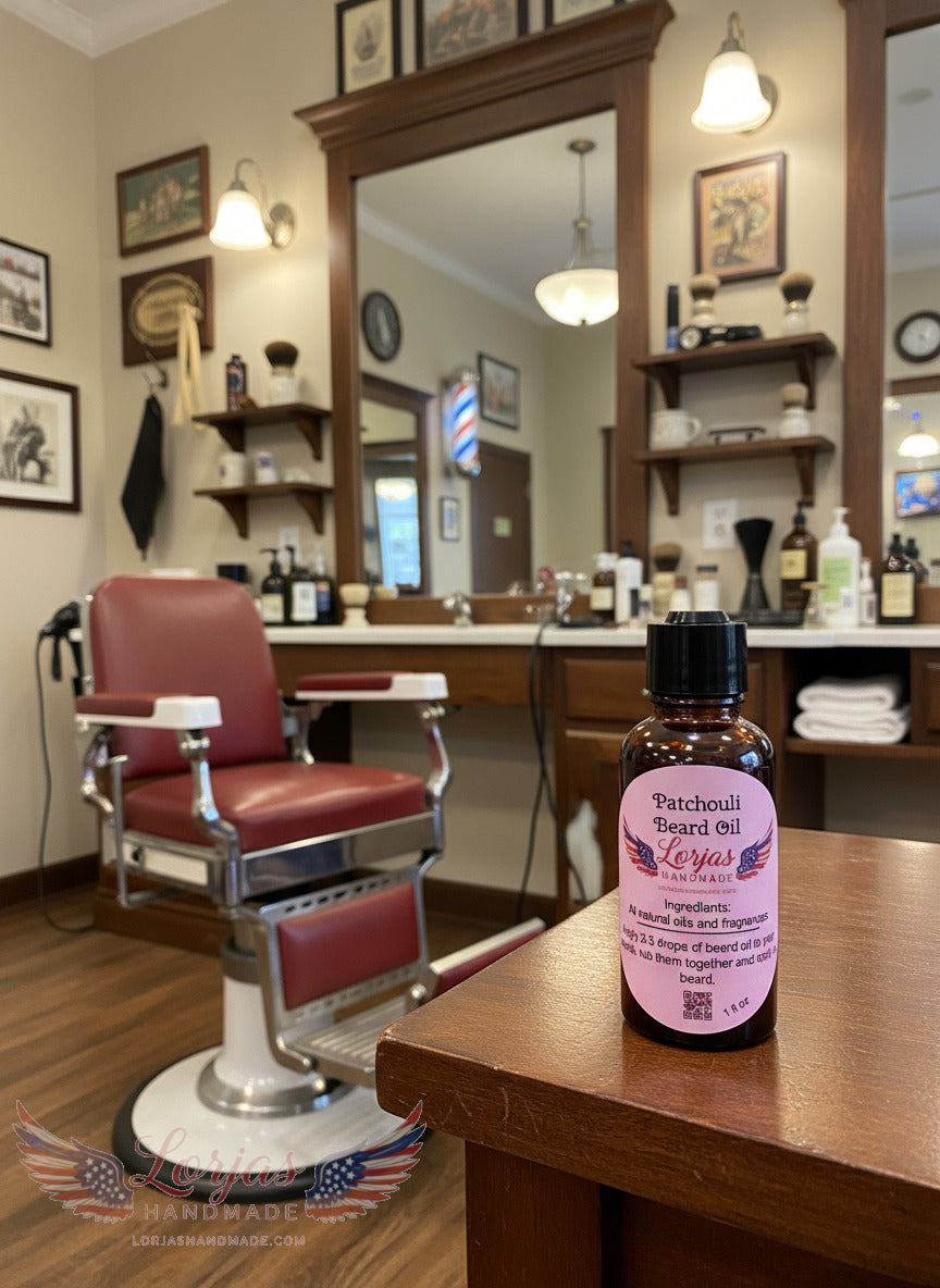 Dropper bottle of patchouli scented organic beard oil with a LorJas Handmade branded label in tonsorium