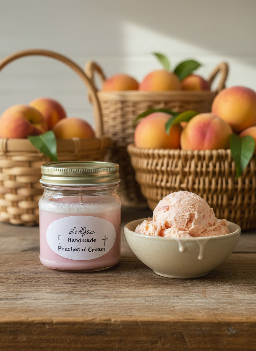 Jar of 'LorJas Handmade Peaches n' Cream' on a wooden surface beside bowl of peach ice cream with baskets of peaches in background