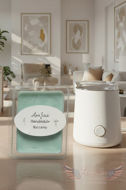 White wax warmer beside packaged melt with label 'Lonjaa Handmade Volcano' in a living room setting.