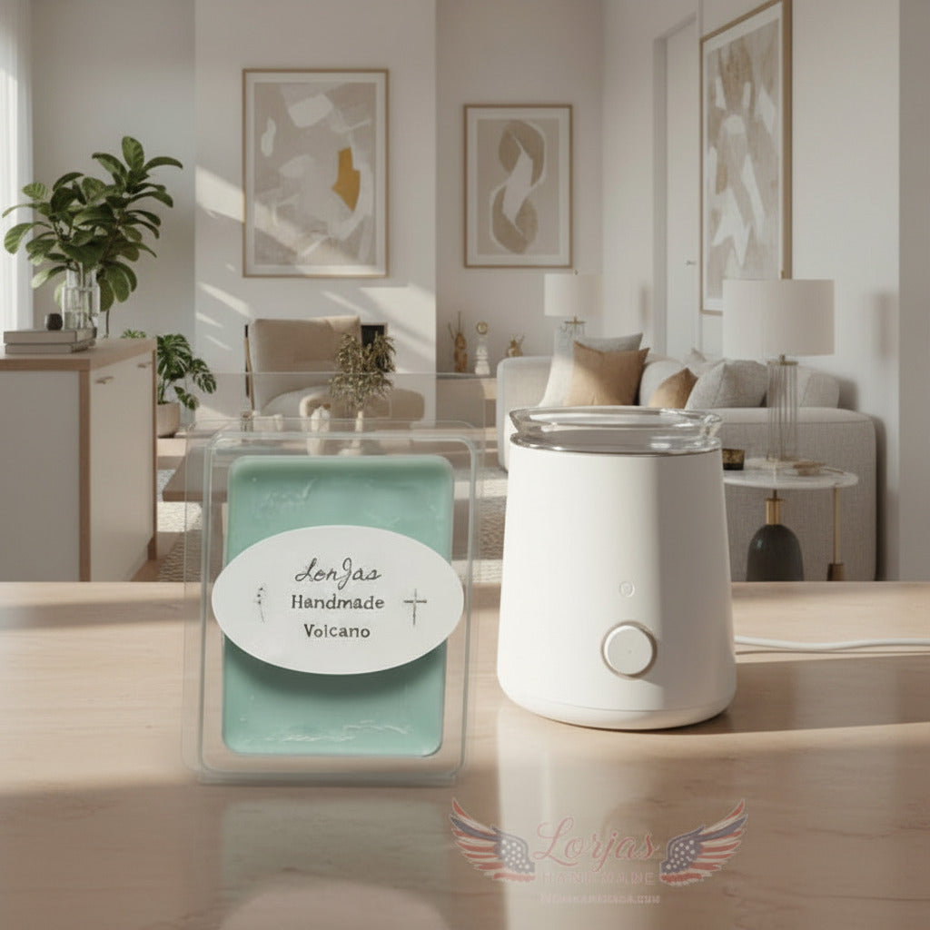 Lorjas Handmade Volcano lightly scented soy wax melt on a reflective floor surface beside white electric wax warmer in a modern living room backdrop during the daytime.