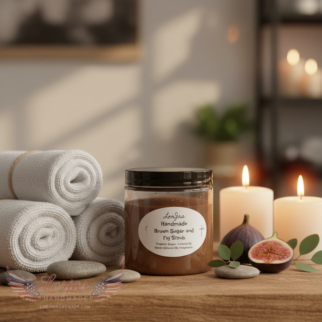 Naturally organic 'LorJas Handmade Brown Sugar and Fig Scrub' in beauty packaging