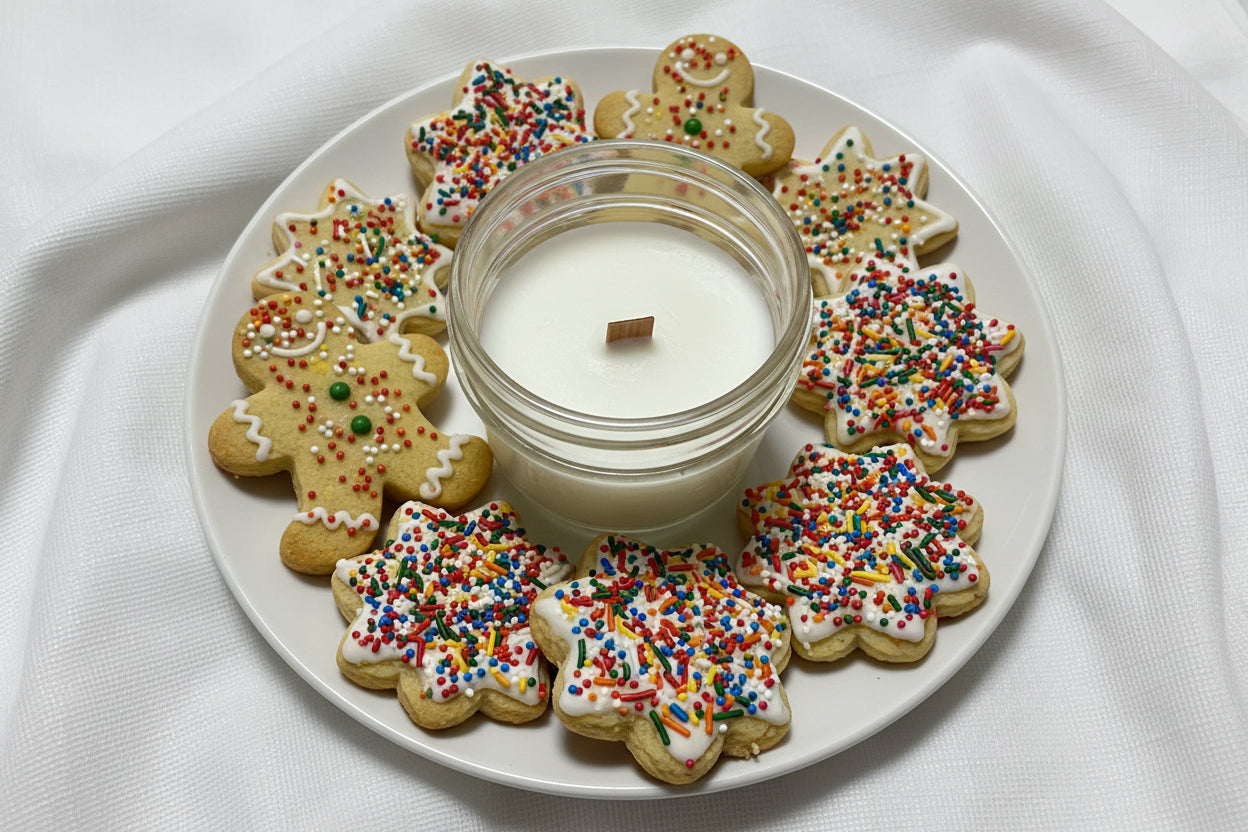 LorJas Handmade rose-colored organic scented soy wax candle in a clear glass jar on a white fabric background