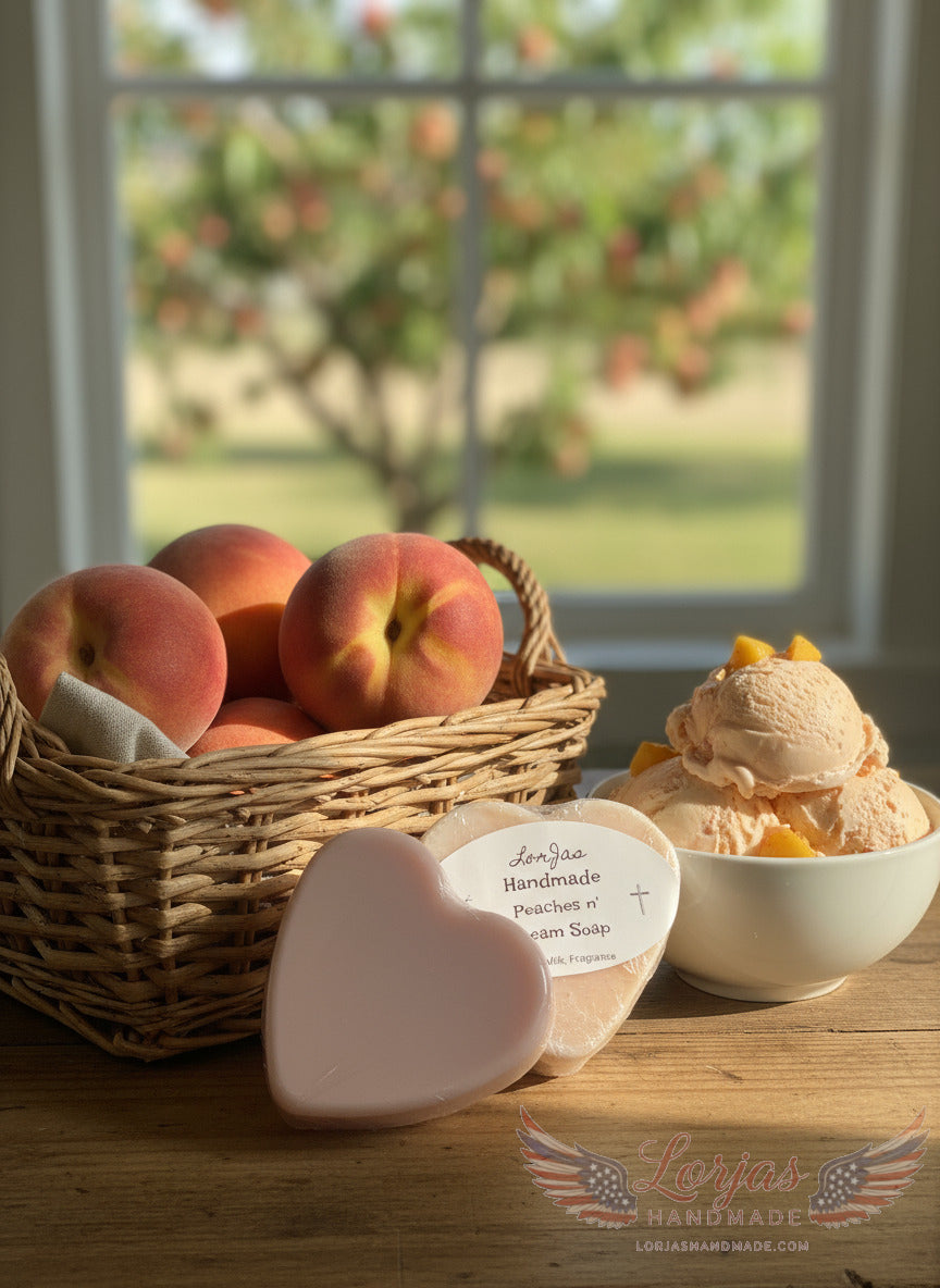 LorJas Handmade 'Peaches n Cream' scented organic goat milk soap beside a basket of fresh peaches and a bowl of freshly churned peach ice cream on wooden surface with an orchard in the background through a window
