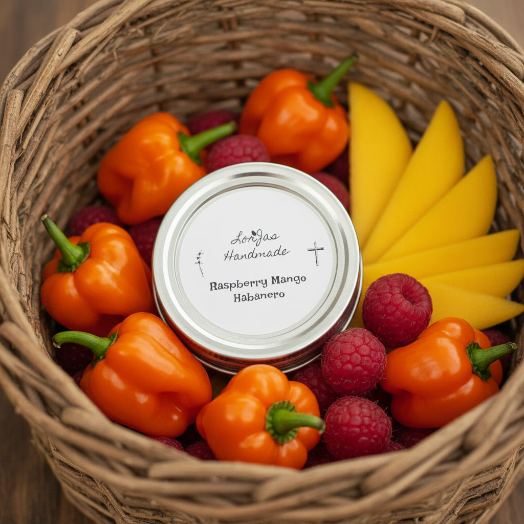 LorJas Handmade 'Raspberry Mango Habanero' pepper jelly in basket with fresh habanero peppers, sliced mango, and raspberries