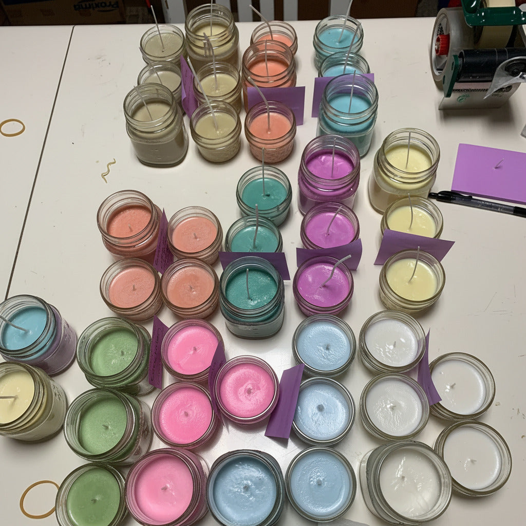 Assorted Lor'Jas Handmade lightly scented soy candles in various colors and scents on a white tabletop surface being prepped for outbound orders.