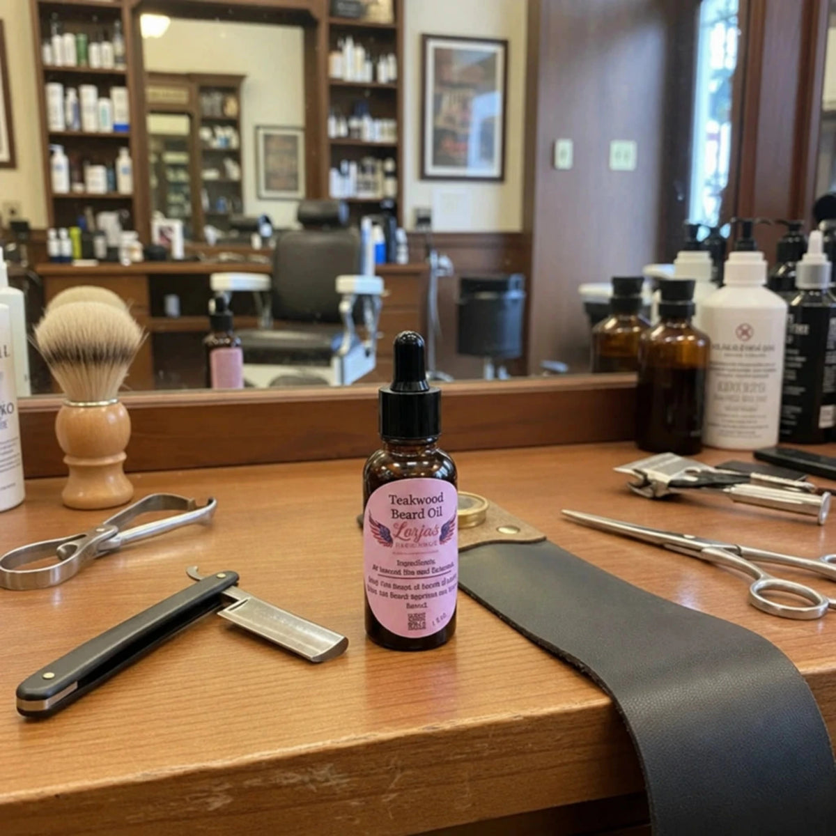 Bottle of LorJas Handmade Teakwood beard oil on a wooden counter with barber tools in a barbershop setting.