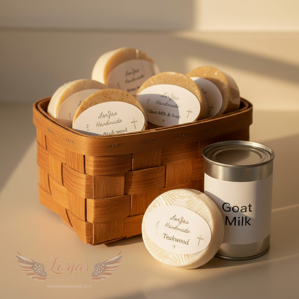 Several bars of LorJas Handmade 'Teakwood' scented organic goat milk soap in basket next to can of goat milk on a counter with a beige background