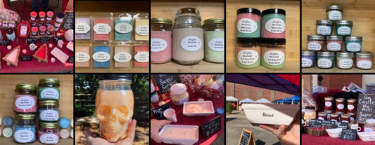 Image shows Lor'Jas Handmade soy candles, melts, sugar scrubs, and fruit butters in brand packages and various settings.