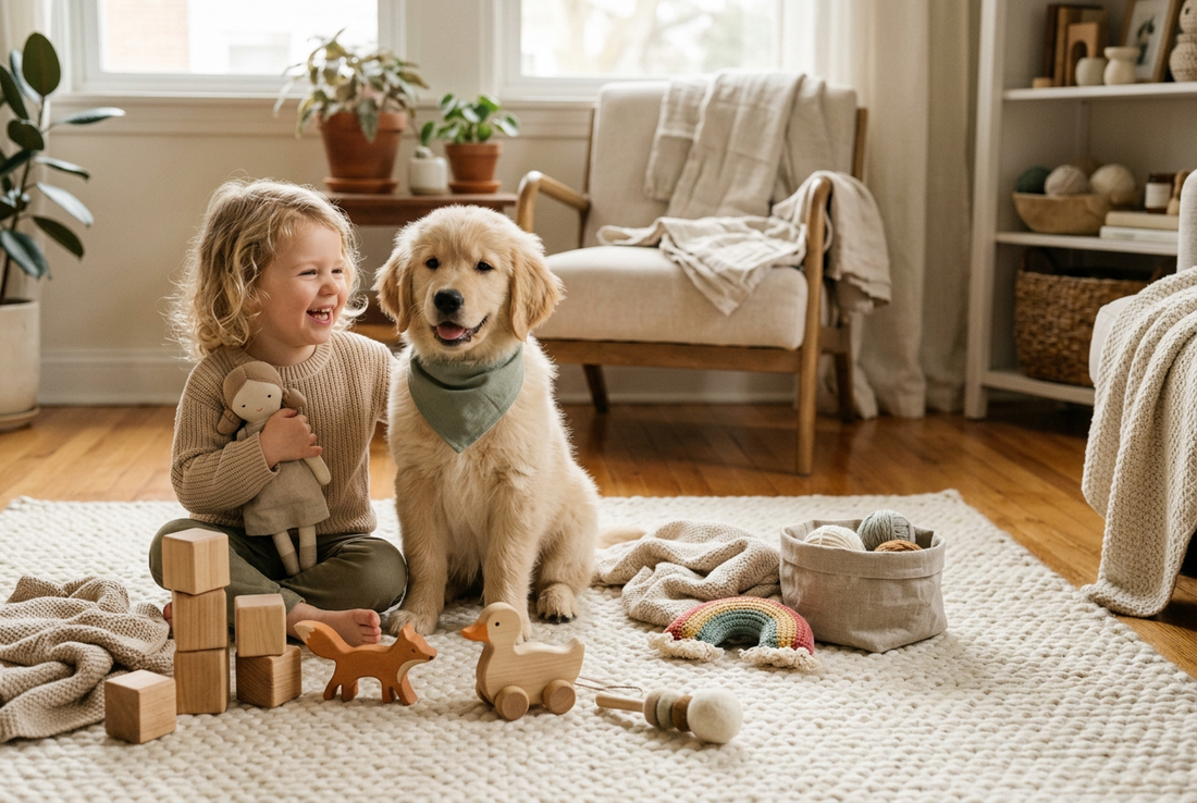 a child and dog sitting in a room on a rug with toys.
