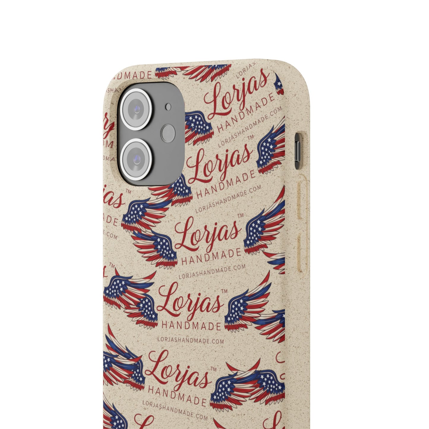 Phone case with American flag design and 'Lorjas Handmade' text on a white background