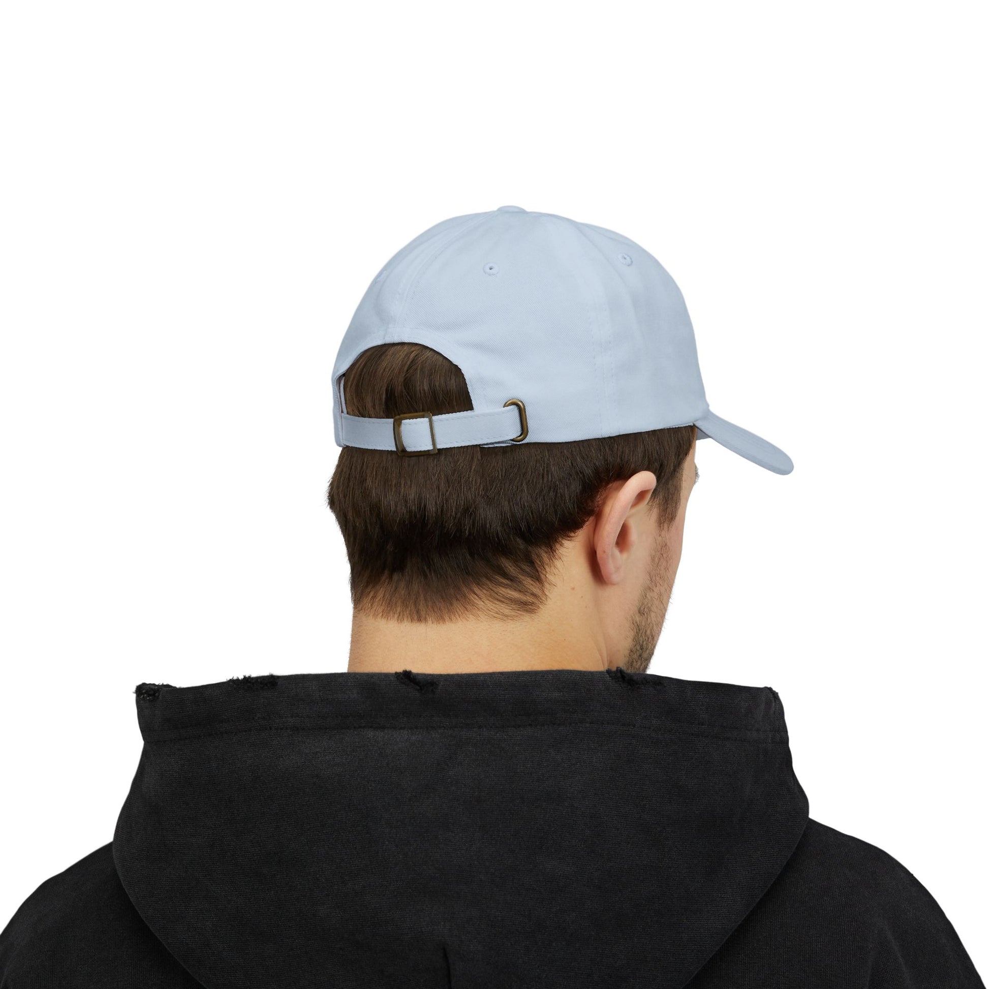 Person wearing a light blue cap from behind on a white background