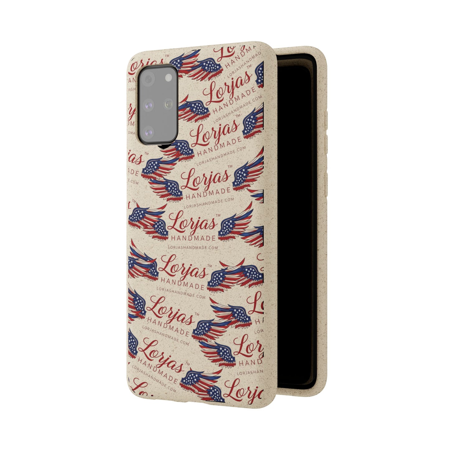 Phone case with American flag design and 'Lorjas Handmade' text on a white background