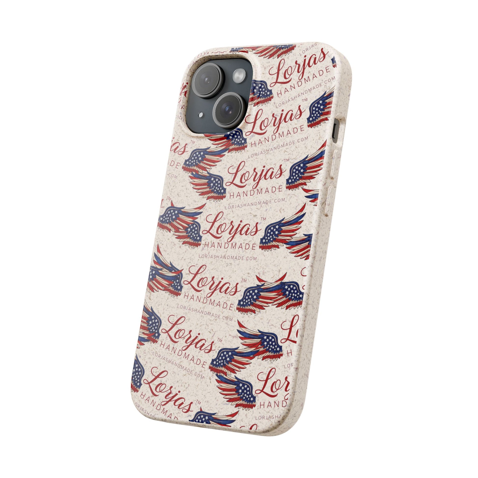 Phone case with American flag design and 'Lorjas' branding on a white background