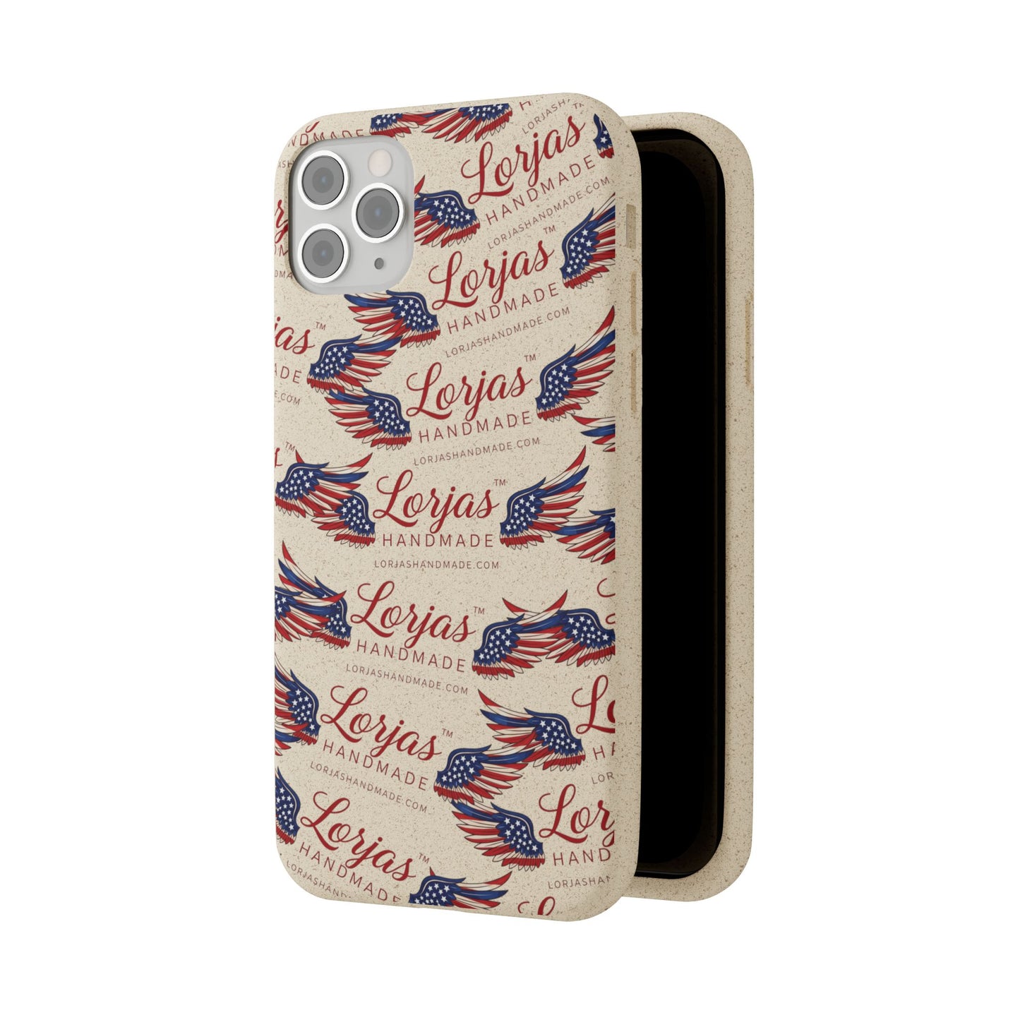 Phone case with 'Lorjas Handmade' branding and American flag design on a beige background