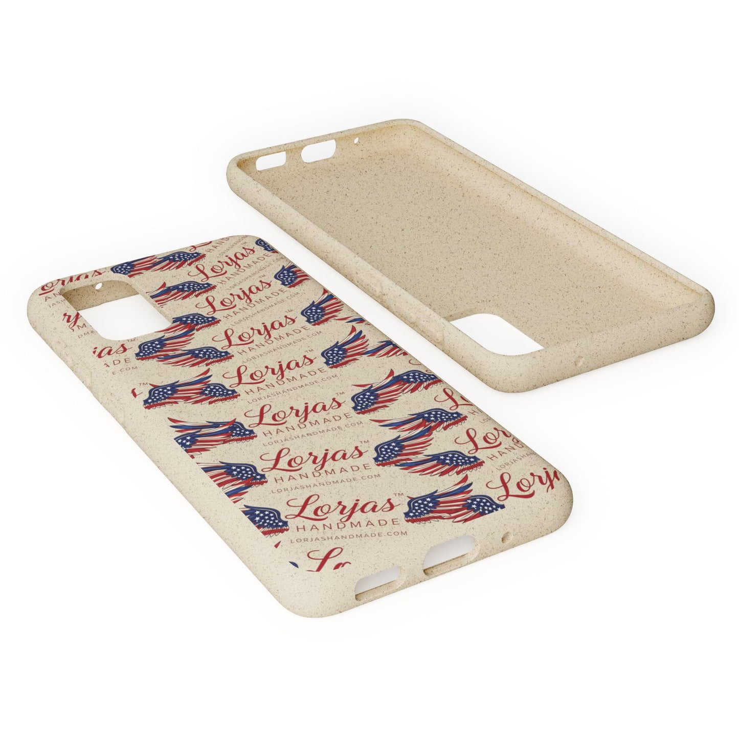Phone case with American flag design and text on a white background