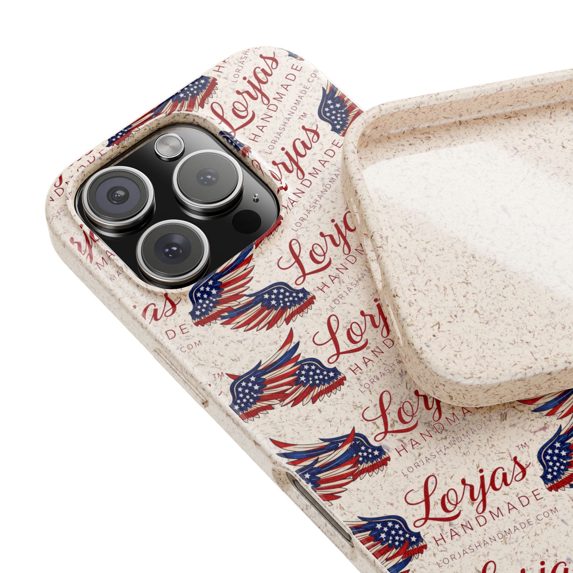 Phone case with American flag design and 'Lorjas' branding on a white background