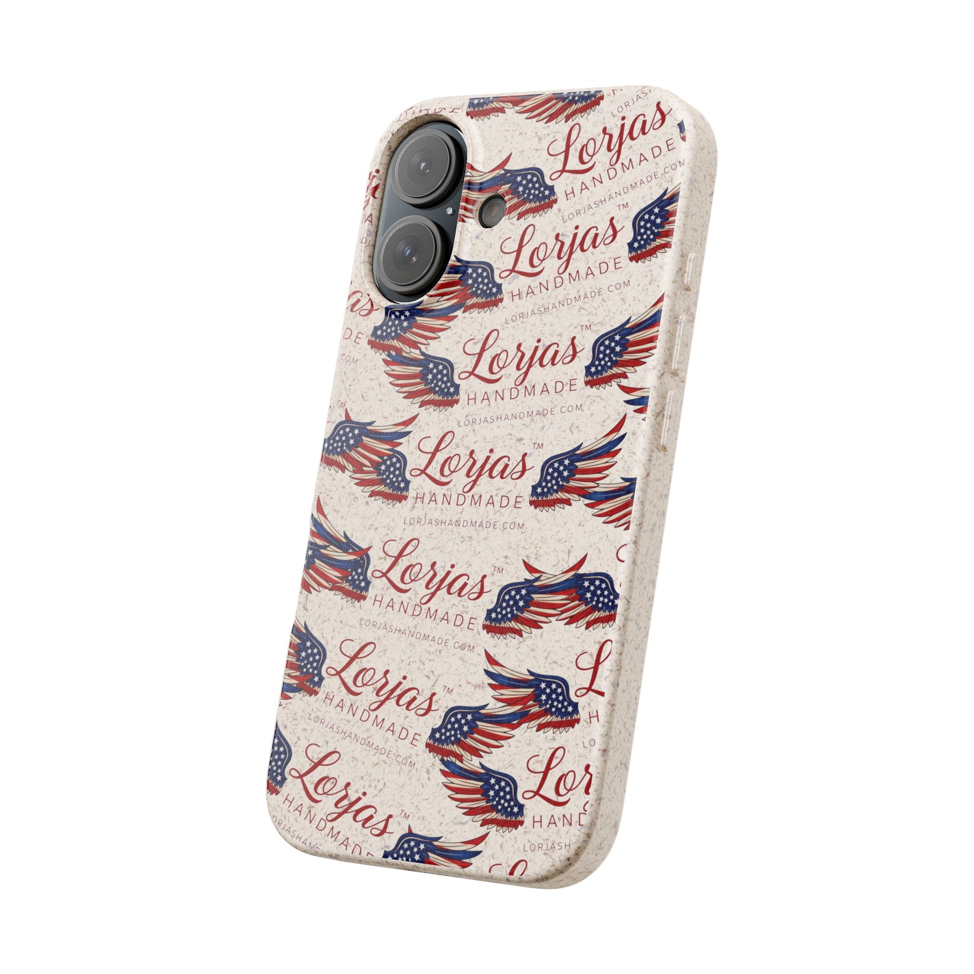 Phone case with 'Lorjas Handmade' branding and American flag design on a white background