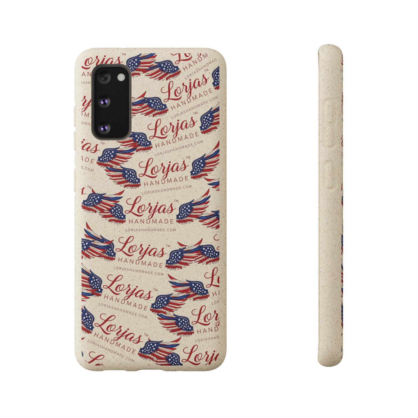 Phone case with American flag design and 'Lorjas Handmade' text on a white background