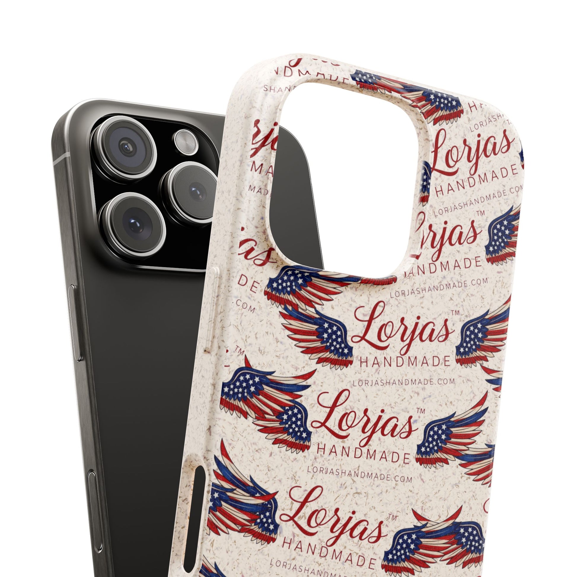 Phone case with 'Lorjas Handmade' branding and American flag design on a white background